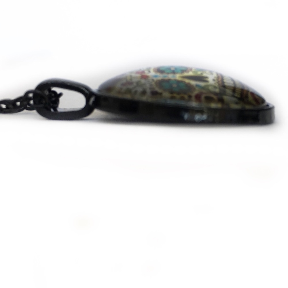 Sugar Skull Necklace Glass Cabochon Raised Glass Black 19 inch Chain Multicolor - Picture 6 of 10